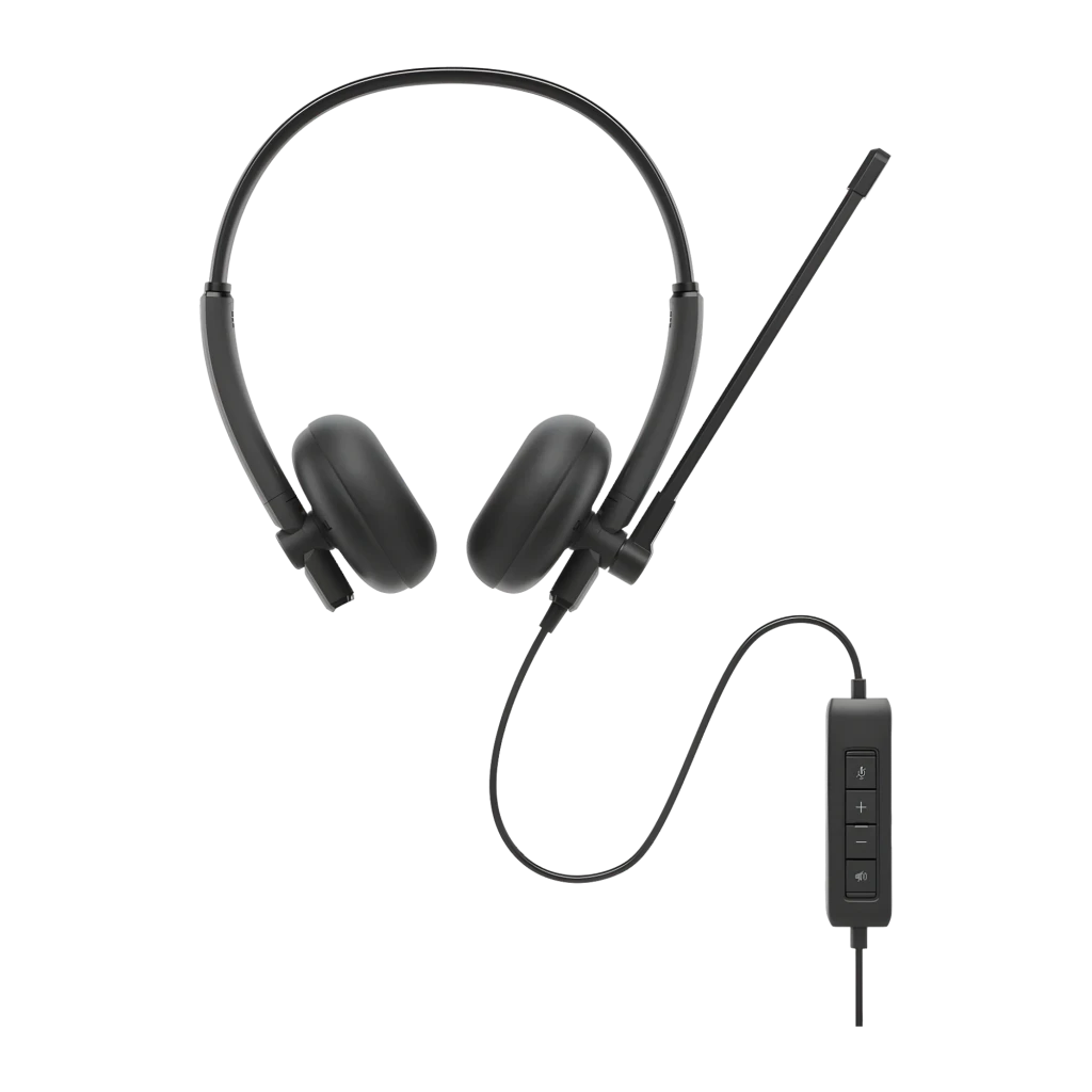 Dell Casque WH125 USB noir, vue avant: arceau, coussinets à grille et microphone extensible côté droit - Ítem3