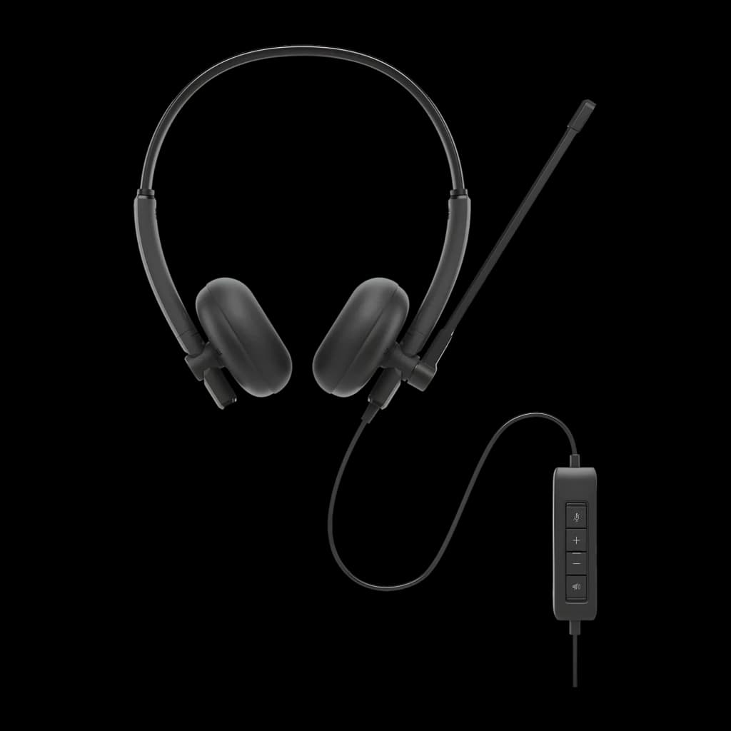 Dell Auriculares WH125 USB Negro, vista frontal: diadema, almohadillas, micrófono extensible y mando en línea con 4 botones