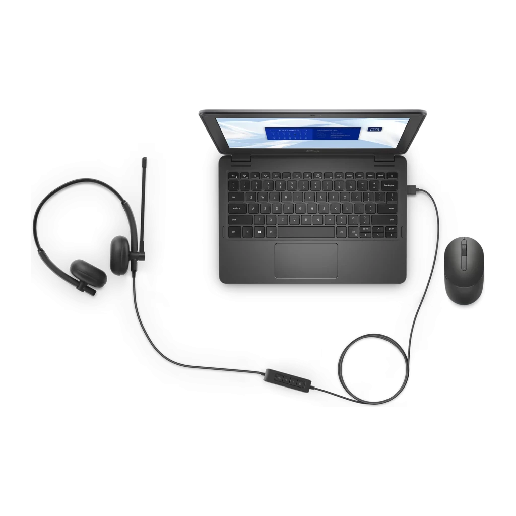 Dell Casque WH125 USB noir, vue avant: arceau, coussinets à grille et microphone extensible côté droit - Ítem4