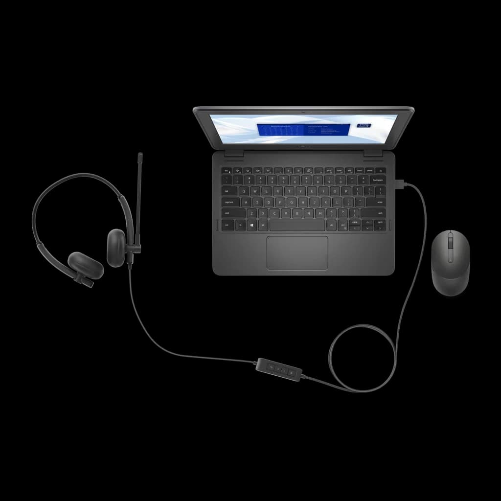 Dell Auriculares WH125 USB Negro, vista cenital: auricular con micrófono conectado por USB a laptop Dell con ratón