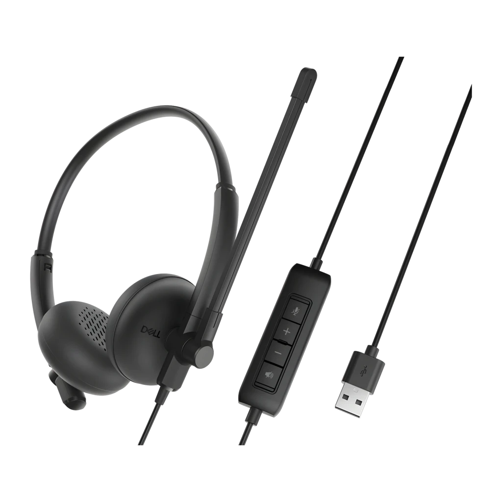 Dell Casque WH125 USB noir, vue avant: arceau, coussinets à grille et microphone extensible côté droit - Ítem5