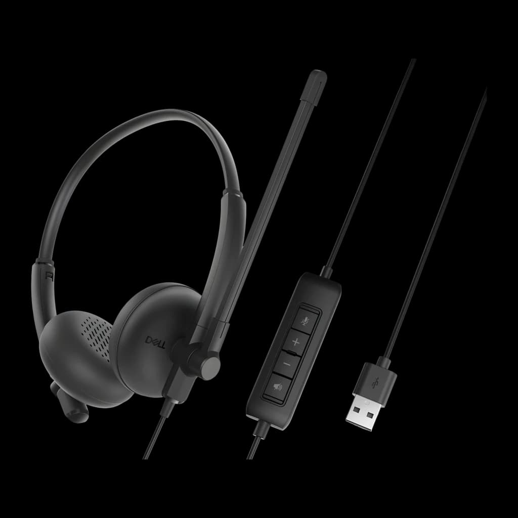 Dell Auriculares WH125 USB Negro, vista lateral: auricular con micrófono, control en línea con botones y conector USB