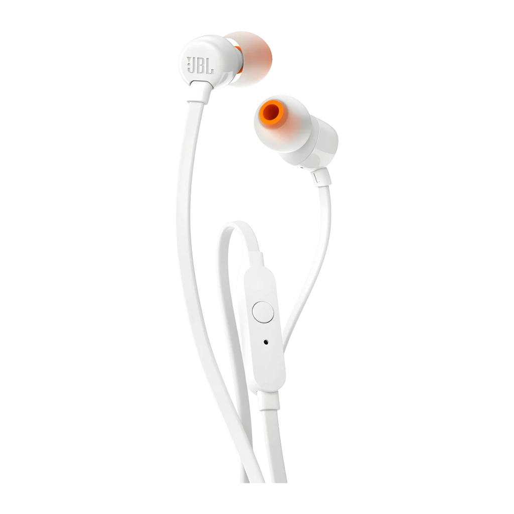 JBL Tune 110 Blancos, vista detalle: auriculares separados mostrando jack 3.5mm dorado, logo JBL y mando con micrófono - Ítem2