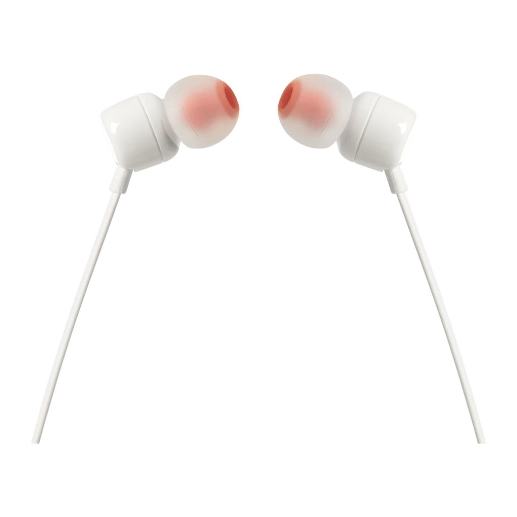 JBL Tune 110 Blancos, vista detalle: auriculares separados mostrando jack 3.5mm dorado, logo JBL y mando con micrófono - Ítem3