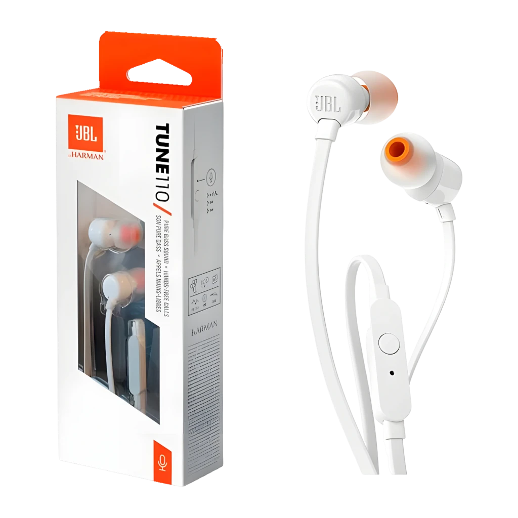 JBL Tune 110 Blancos, vista detalle: auriculares separados mostrando jack 3.5mm dorado, logo JBL y mando con micrófono - Ítem4