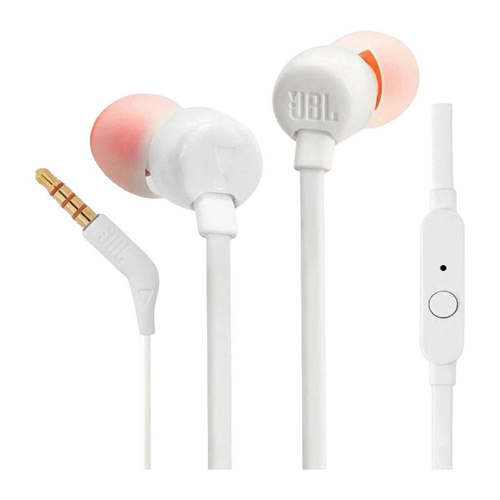JBL Tune 110 Blancos, vista detalle: auriculares separados mostrando jack 3.5mm dorado, logo JBL y mando con micrófono - Ítem5