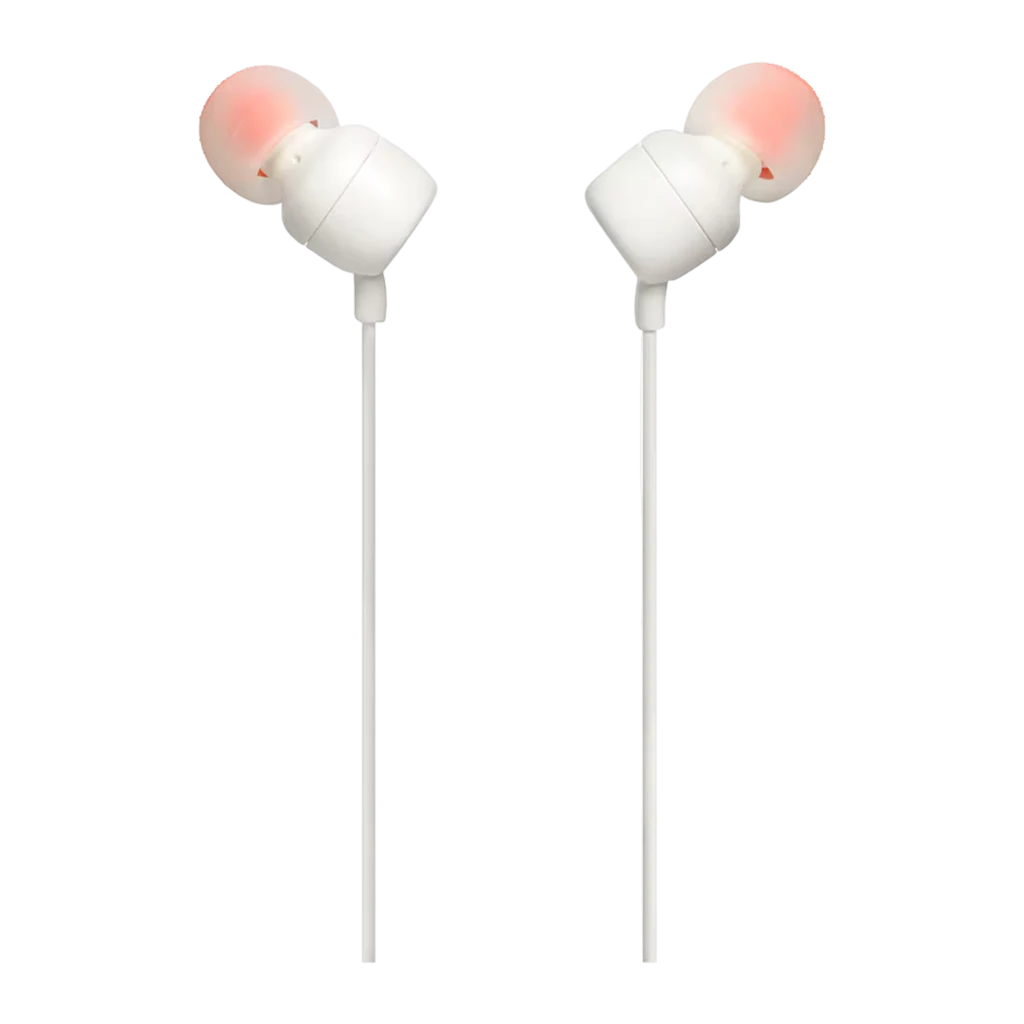 JBL Tune 110 Blancos, vista detalle: auriculares separados mostrando jack 3.5mm dorado, logo JBL y mando con micrófono - Ítem1