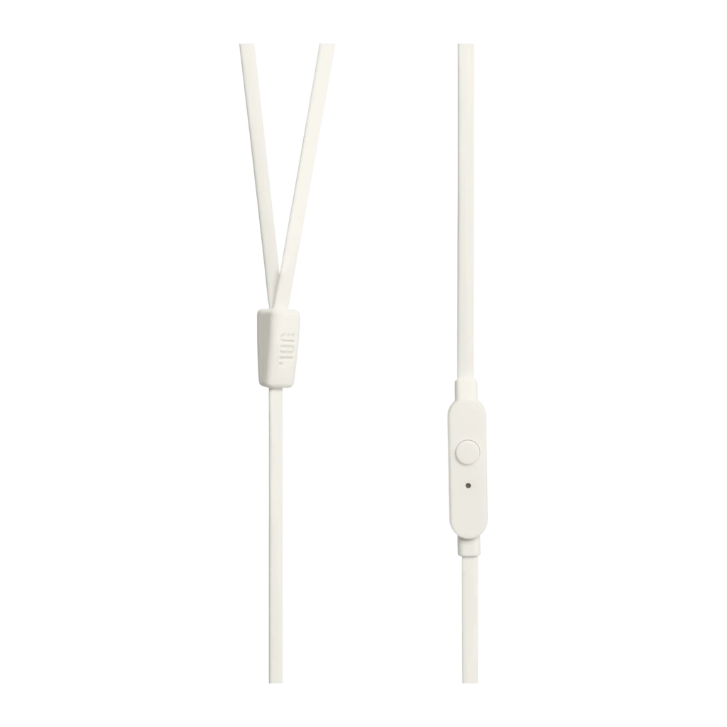 JBL Tune 110 Blancos, vista detalle: auriculares separados mostrando jack 3.5mm dorado, logo JBL y mando con micrófono - Ítem6