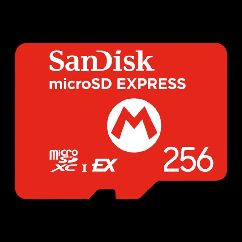 SanDisk microSD Express Nintendo Switch 2 256GB vermelha, frontal: cartão vermelho com logo Mario e texto microSD EXPRESS