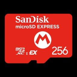 SanDisk microSD Express Nintendo Switch 2 256GB vermelha, frontal: cartão vermelho com logo Mario e texto microSD EXPRESS
