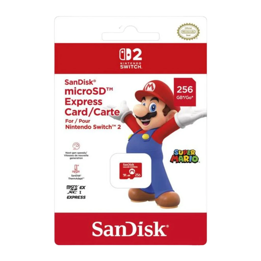 SanDisk microSD Express Nintendo Switch 2 256GB roja, frontal: tarjeta roja con logo Mario y texto microSD EXPRESS - Ítem1