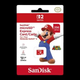 SanDisk microSD Express Nintendo Switch 2 256GB vermelha, embalagem: caixa com Mario, selo oficial Nintendo e cartão visível