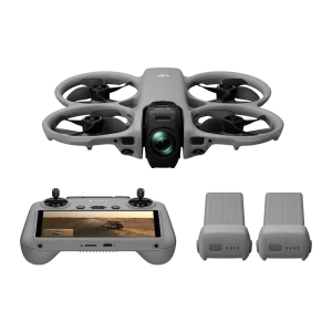 DJI Dron Avata 360 Fly More Combo 42GB gris, vista conjunto: dron cenital con lente gran angular, mando con pantalla y dos