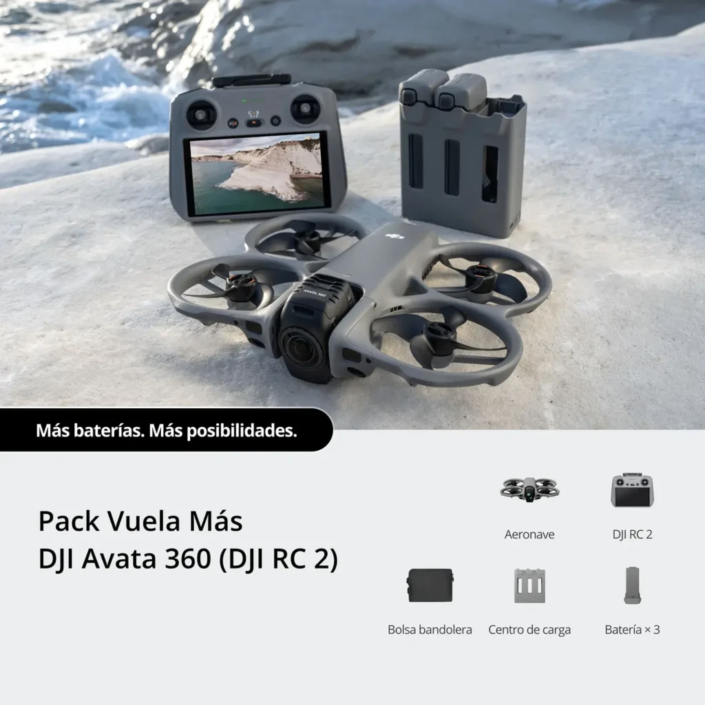 DJI Dron Avata 360 Fly More Combo 42GB gris, vista conjunto: dron cenital con lente gran angular, mando con pantalla y dos - Ítem6