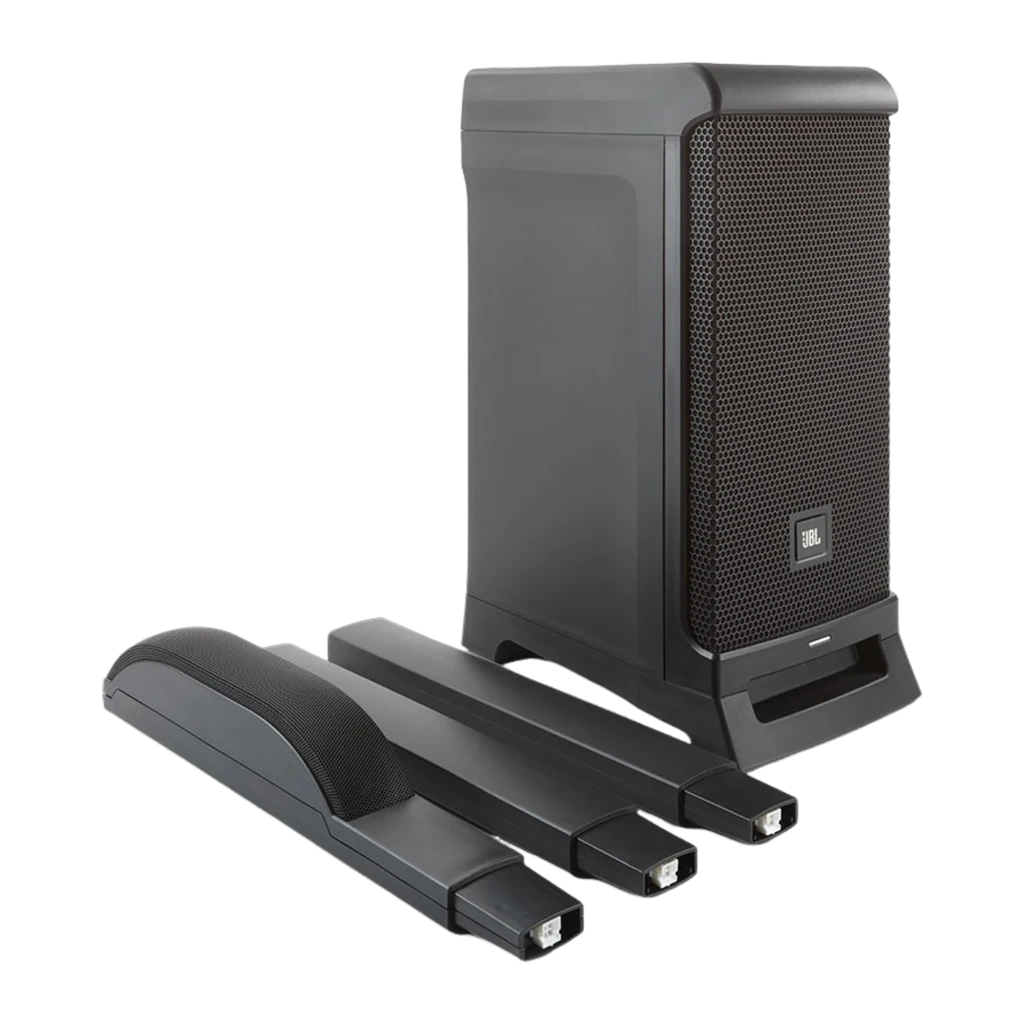 JBL IRX ONE preto, vista frontal lateral: sistema de coluna completo montado, subwoofer com grelha e coluna vertical com - Item5