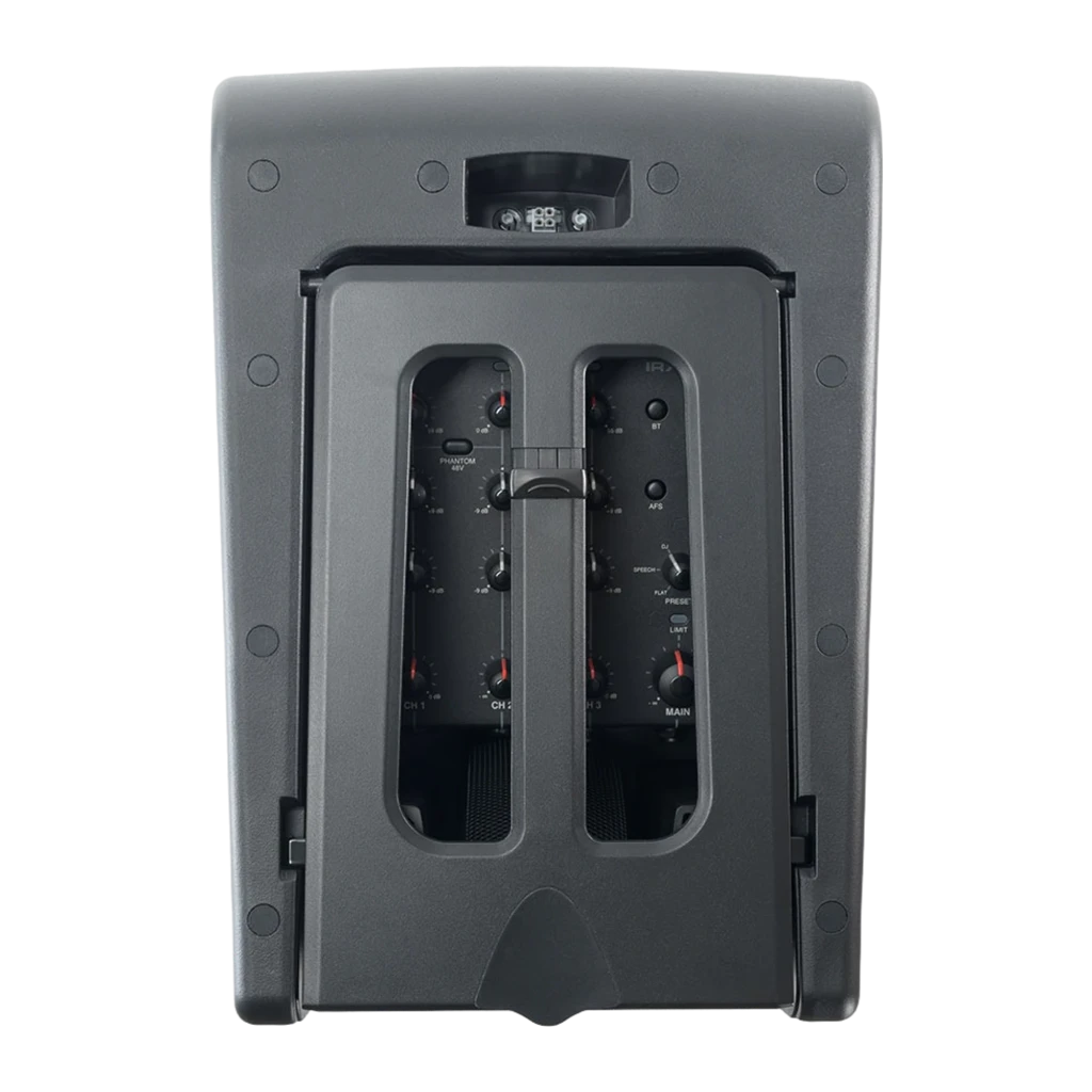 JBL IRX ONE preto, vista frontal lateral: sistema de coluna completo montado, subwoofer com grelha e coluna vertical com - Item3