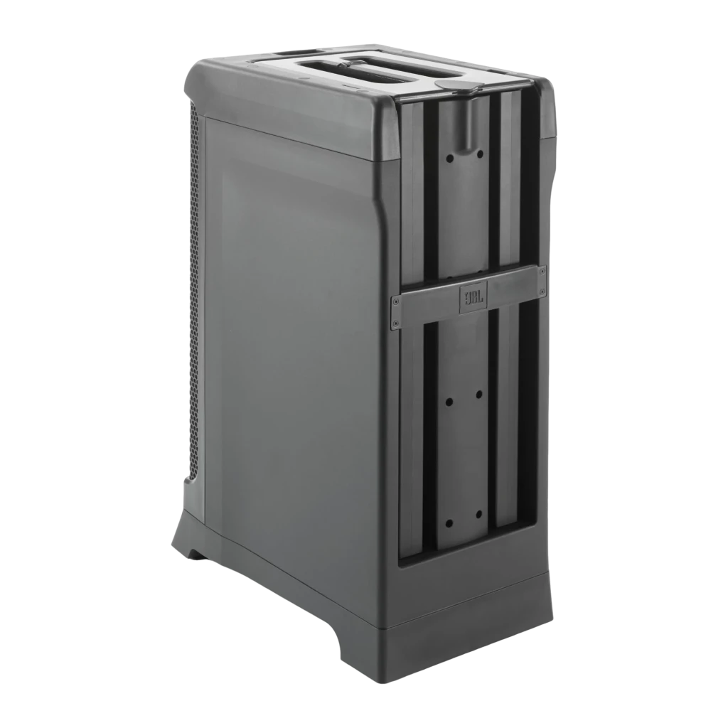 JBL IRX ONE preto, vista frontal lateral: sistema de coluna completo montado, subwoofer com grelha e coluna vertical com - Item4
