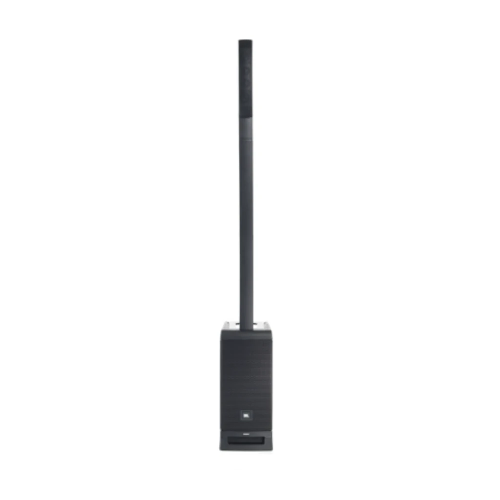 JBL IRX ONE preto, vista frontal lateral: sistema de coluna completo montado, subwoofer com grelha e coluna vertical com - Item1