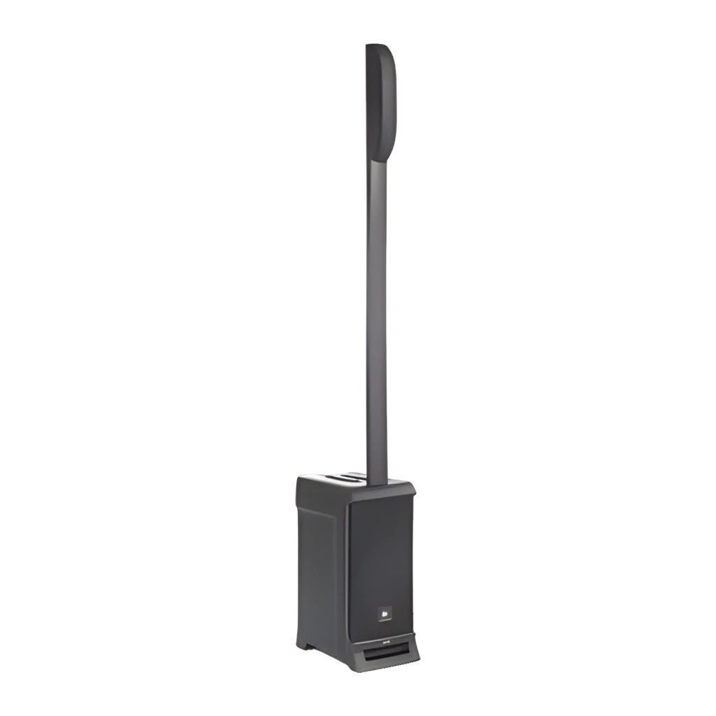 JBL IRX ONE preto, vista frontal lateral: sistema de coluna completo montado, subwoofer com grelha e coluna vertical com - Item2