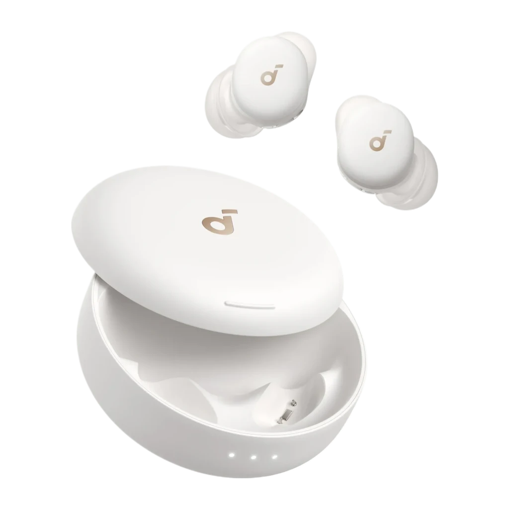 Anker Soundcore Sleep A30 blanc, vue en perspective: étui ouvert avec les deux écouteurs à l'intérieur et logo Soundcore - Ítem2