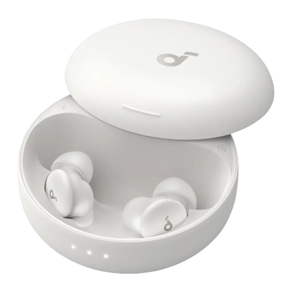 Anker Soundcore Sleep A30 blanc, vue en perspective: étui ouvert avec les deux écouteurs à l'intérieur et logo Soundcore - Ítem1