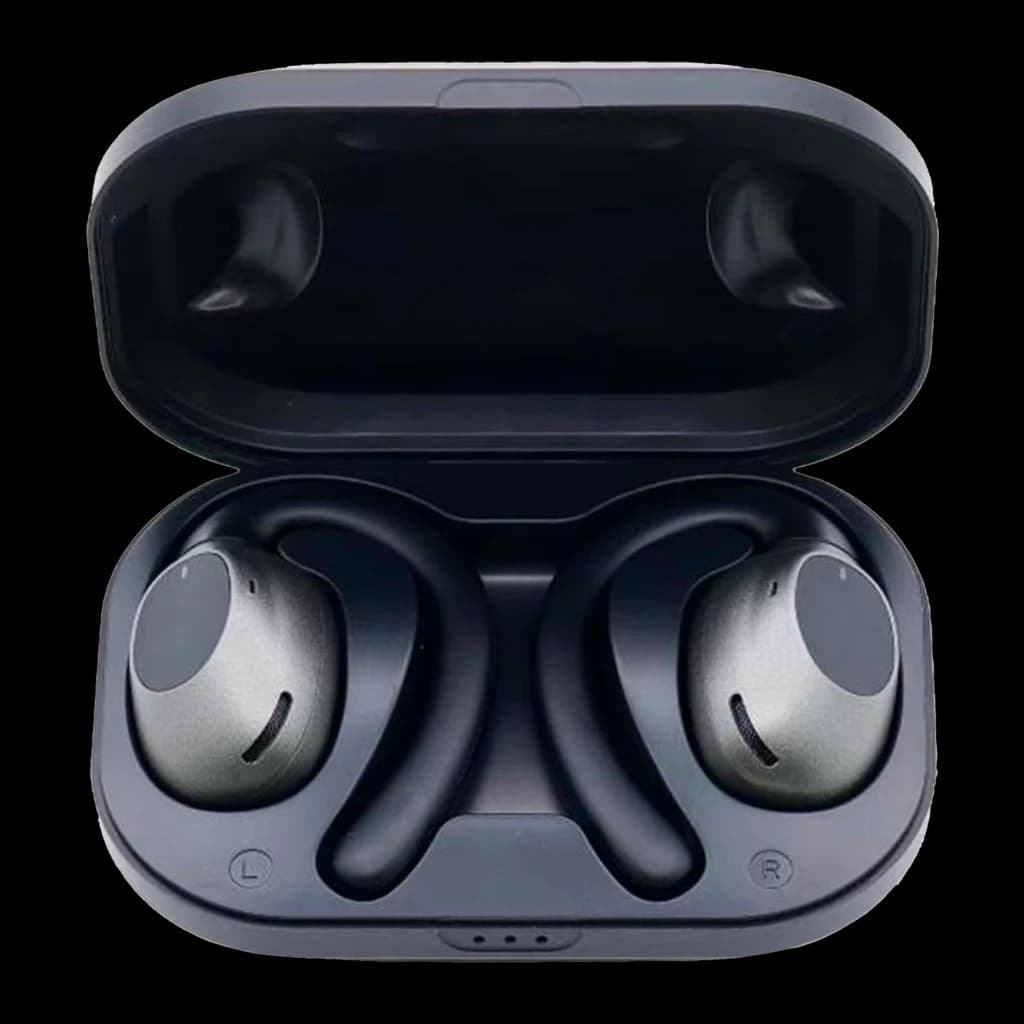 Nilox NXTWRUNBEATOR Bluetooth negro, vista frontal: auriculares TWS con ganchos plateados en estuche de carga abierto