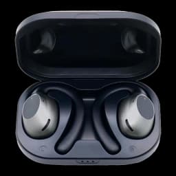 Nilox NXTWRUNBEATOR Bluetooth negro, vista frontal: auriculares TWS con ganchos plateados en estuche de carga abierto