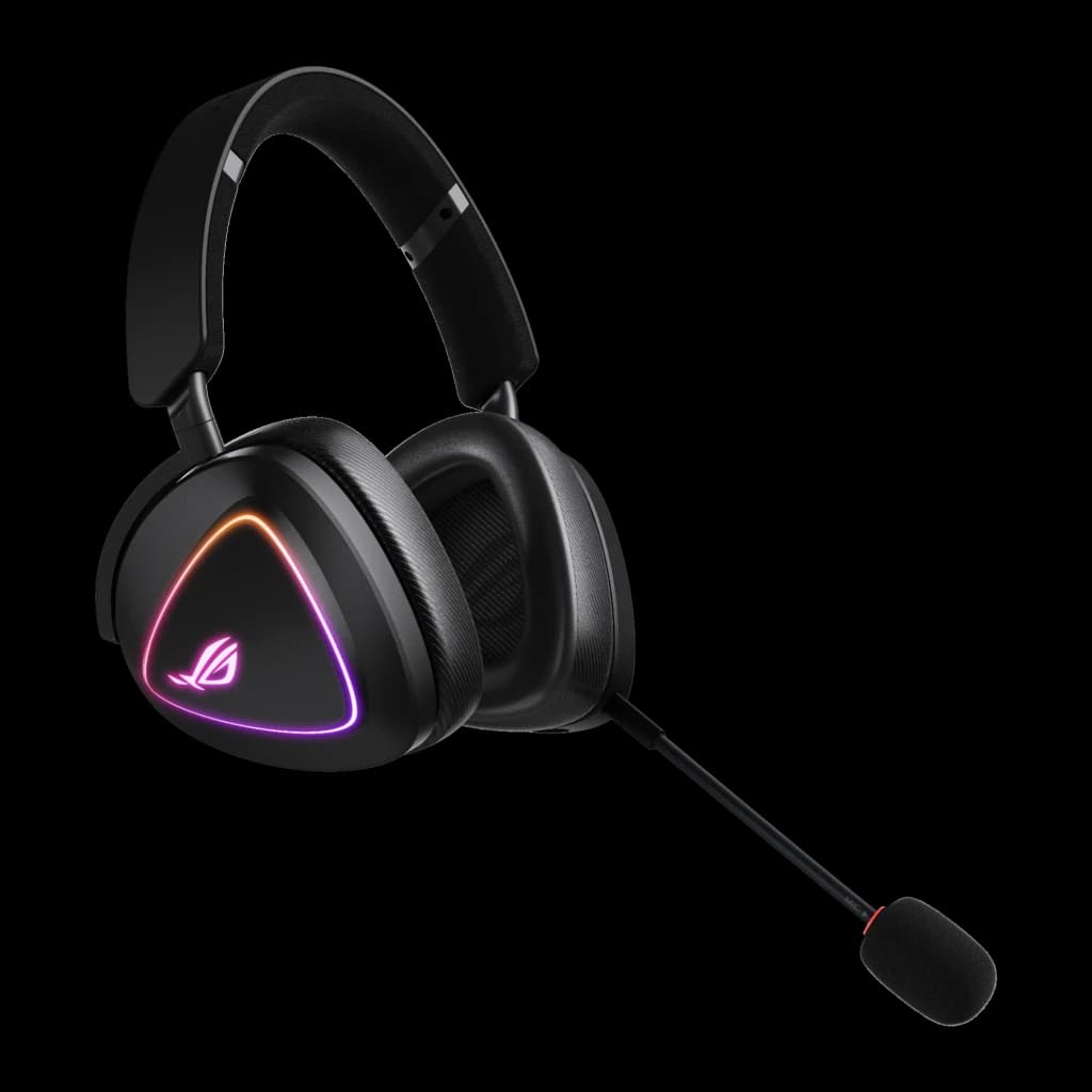 ASUS Auriculares ROG Delta II Negro, vista lateral izquierda: logo ROG iluminado RGB triangular y micrófono boom