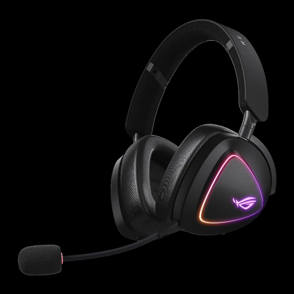 ASUS Auriculares ROG Delta II Negro, vista frontal tres cuartos: iluminación RGB en arco, almohadillas y micrófono en primer