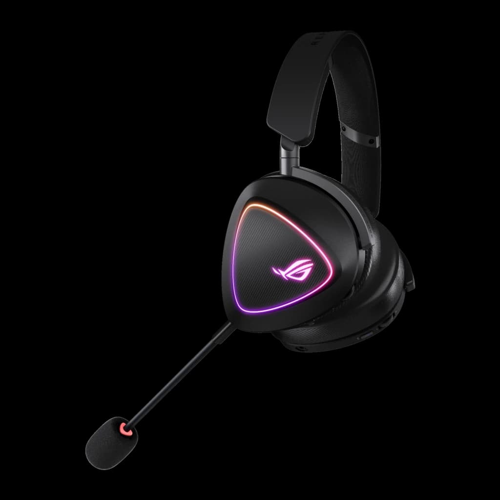 ASUS Auriculares ROG Delta II Negro, vista cenital lateral: copa triangular con RGB, diadema y micrófono extendido hacia