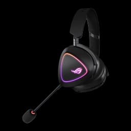 ASUS Auriculares ROG Delta II Negro, vista cenital lateral: copa triangular con RGB, diadema y micrófono extendido hacia