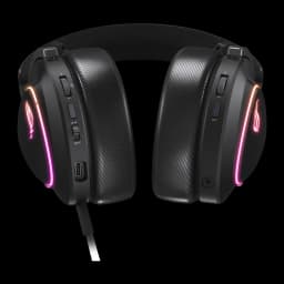 ASUS ROG Delta II Negro, vista frontal: almohadillas textura carbono, iluminación RGB rosa y logo ROG en ambos auriculares