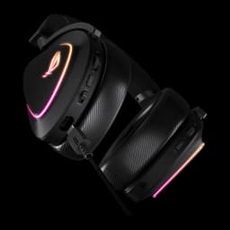 ASUS ROG Delta II Negro, vista lateral: logo ROG iluminado, iluminación RGB rosa en auriculares y botones laterales visibles