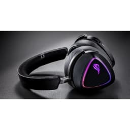 ASUS ROG Delta II Negro, vista lateral: auricular con logo ROG iluminado RGB morado y diadema texturizada
