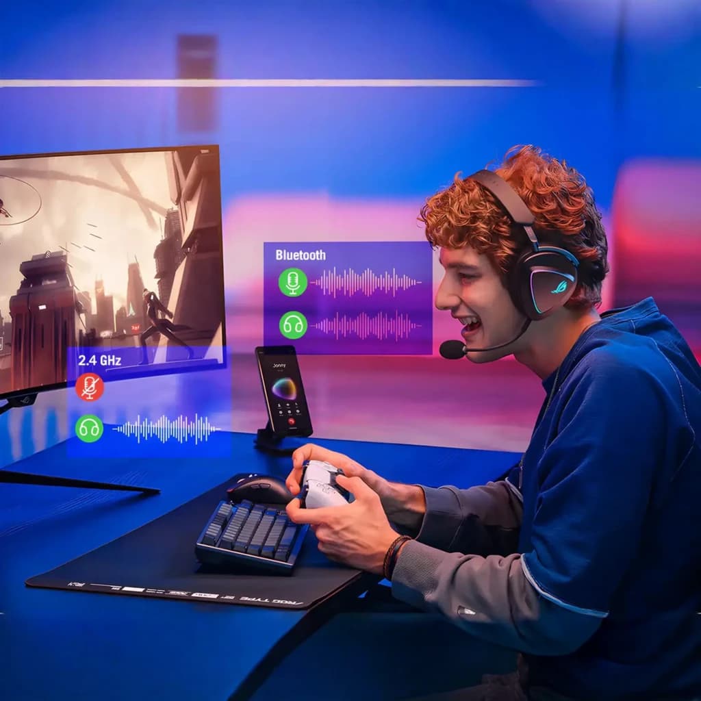 ASUS ROG Delta II Negro, uso: gamer con auriculares puesto jugando, infografía Bluetooth 2.4GHz y micrófono visible