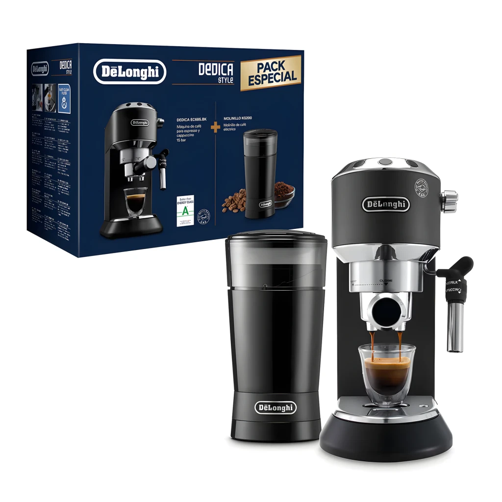 DeLonghi EC685.BK+KG200 Moulin Noir, vue de face: machine espresso et moulin noirs avec détails chromés - Ítem1
