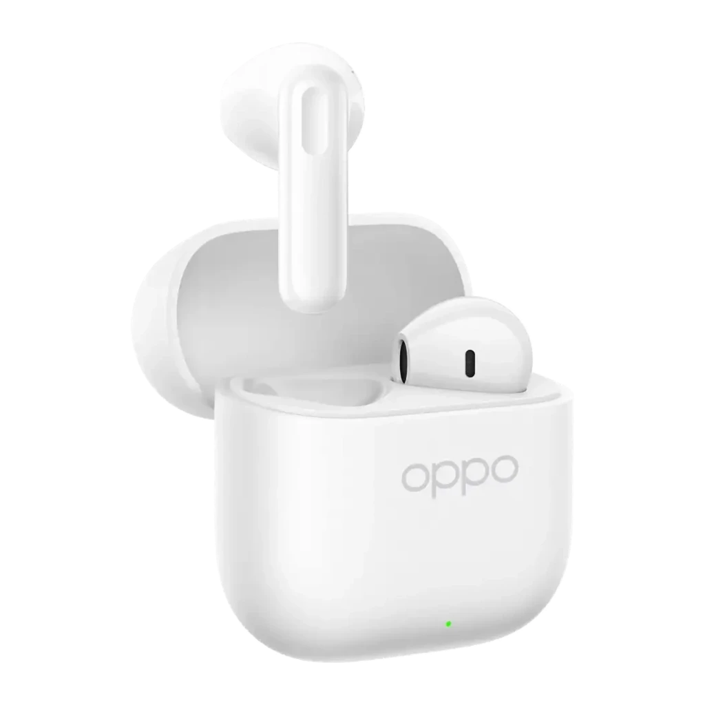 OPPO Enco Buds3 Blanc, vue avant: étui ouvert avec écouteurs à l'intérieur, logo OPPO et LED verte - Ítem1