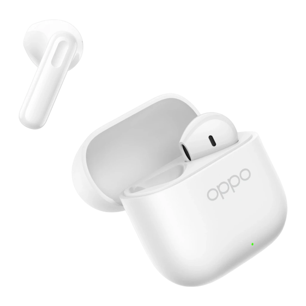 OPPO Enco Buds3 Blanc, vue avant: étui ouvert avec écouteurs à l'intérieur, logo OPPO et LED verte - Ítem2