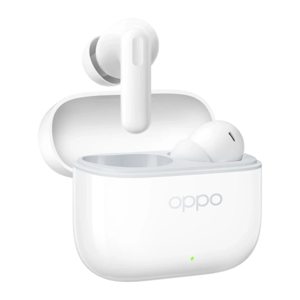 OPPO Enco Buds3 Blanc, vue avant: étui ouvert avec écouteurs à l'intérieur, logo OPPO et LED verte - Ítem3