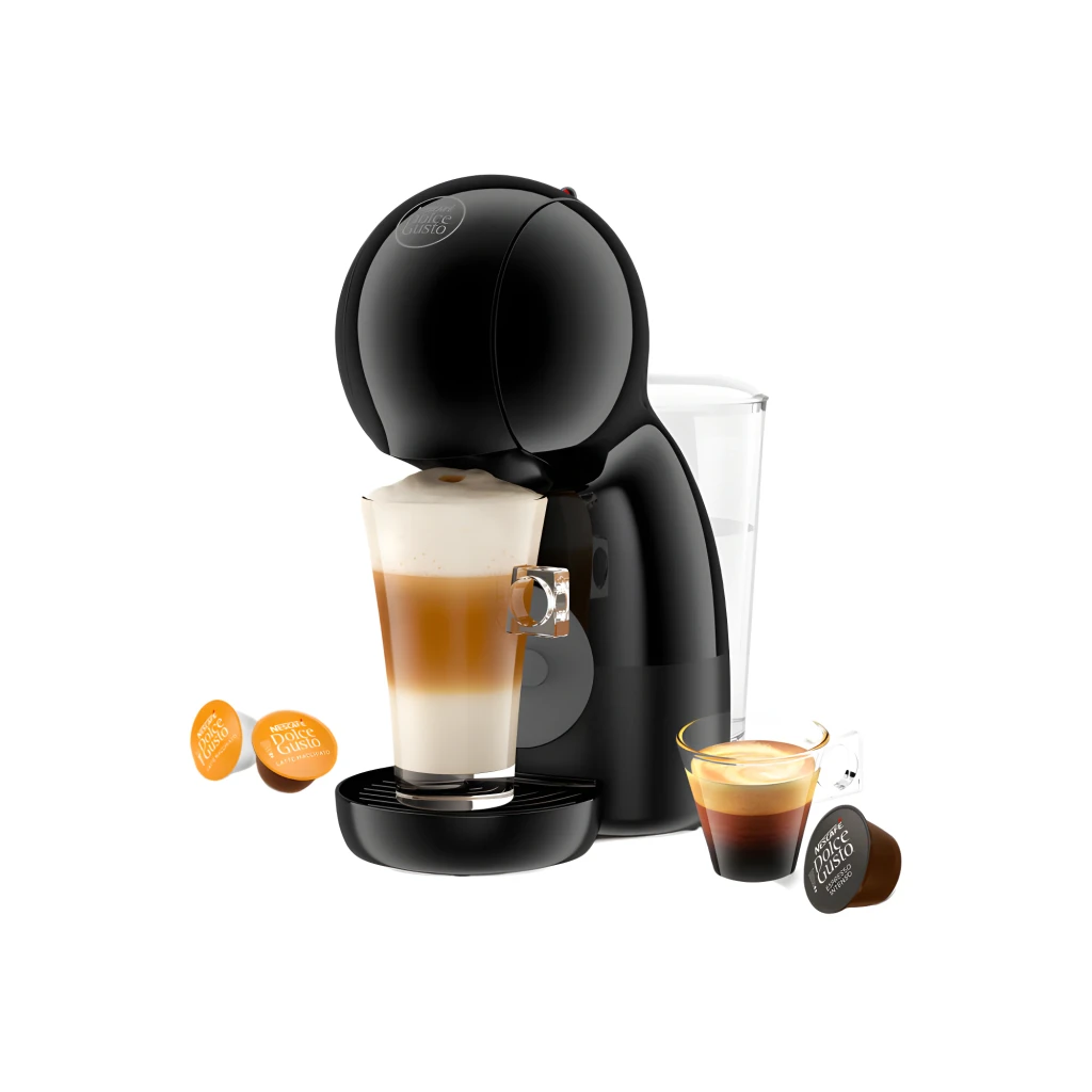 De'Longhi Dolce Gusto EDG110.AB Piccolo XS noir, vue de face: machine avec verre de latte en couches et voyant vert allumé - Ítem4