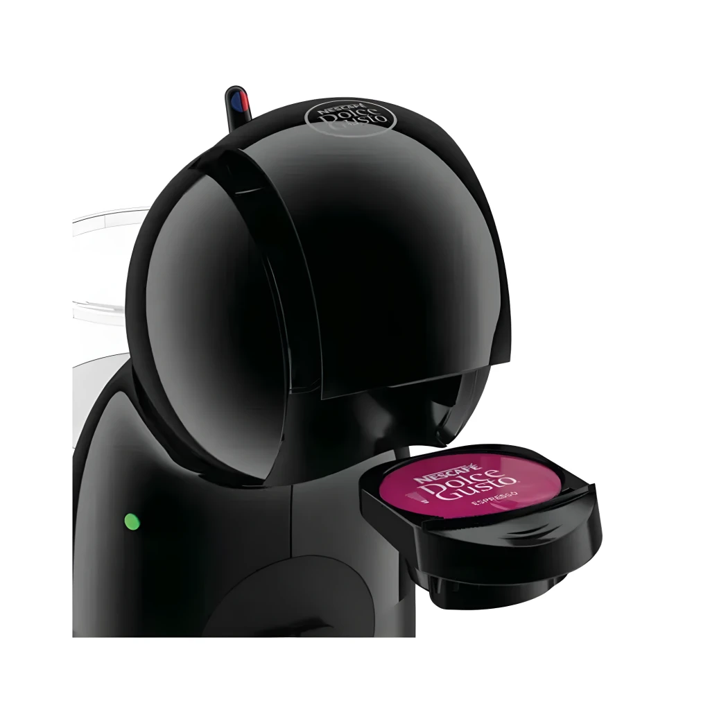 De'Longhi Dolce Gusto EDG110.AB Piccolo XS noir, vue de face: machine avec verre de latte en couches et voyant vert allumé - Ítem5