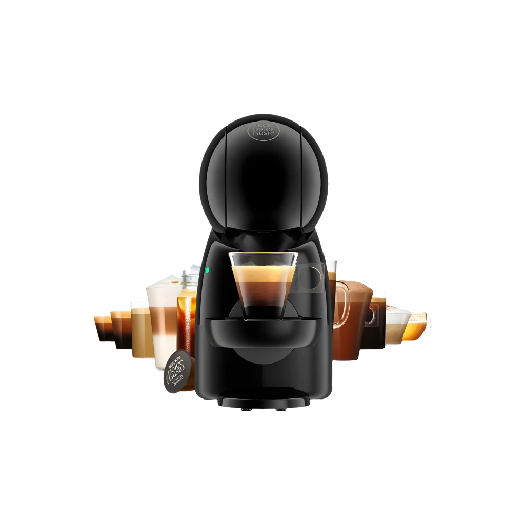 De'Longhi Dolce Gusto EDG110.AB Piccolo XS noir, vue de face: machine avec verre de latte en couches et voyant vert allumé - Ítem6