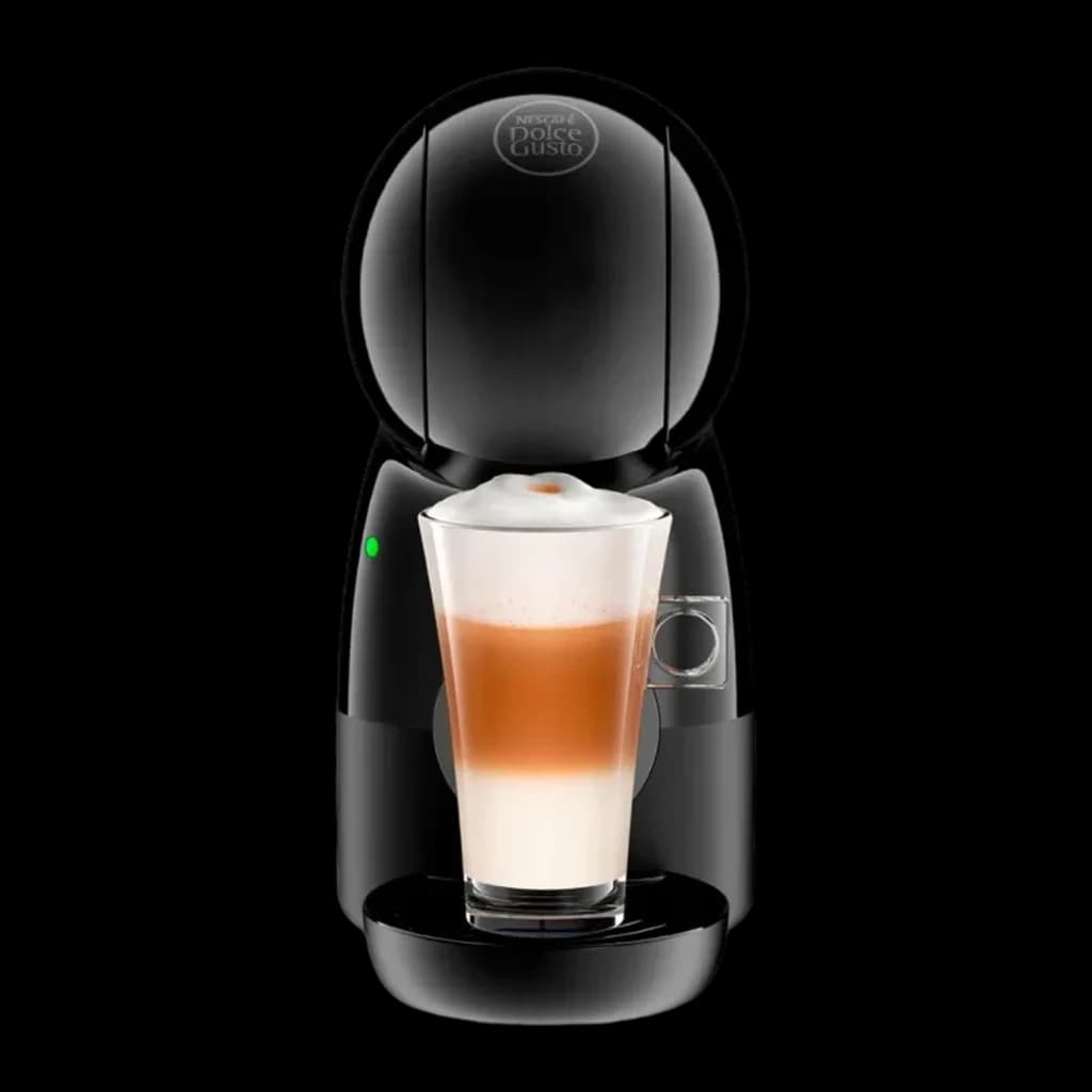 De'Longhi Dolce Gusto EDG110.AB Piccolo XS preto, vista frontal: máquina com copo de latte em camadas e luz verde acesa