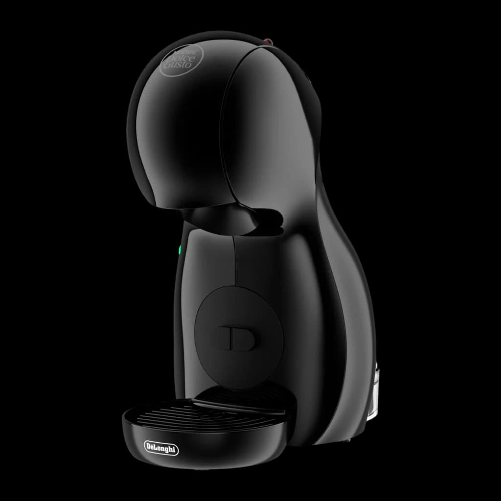 De'Longhi Dolce Gusto EDG110.AB Piccolo XS preto, vista lateral: perfil compacto com logo DeLonghi na base e luz verde