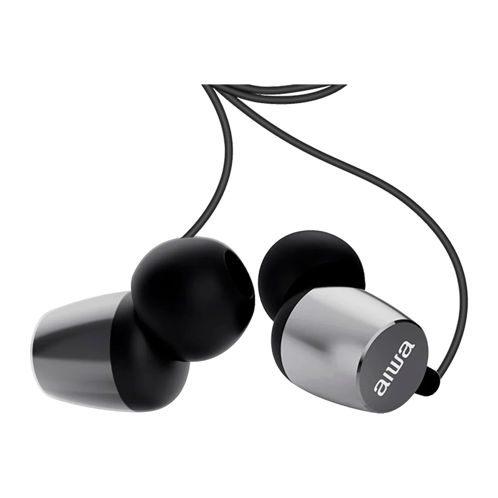 Aiwa ESTM30SL prata, vista detalhe: auriculares in-ear com controlo, microfone e jack 3,5 mm dourado - Item1