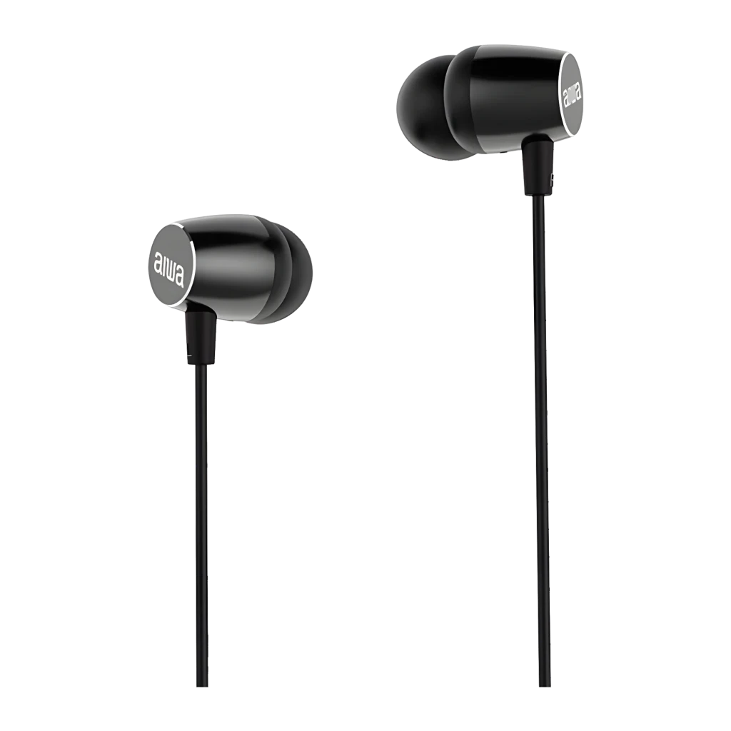 Aiwa ESTM30SL prata, vista detalhe: auriculares in-ear com controlo, microfone e jack 3,5 mm dourado - Item2