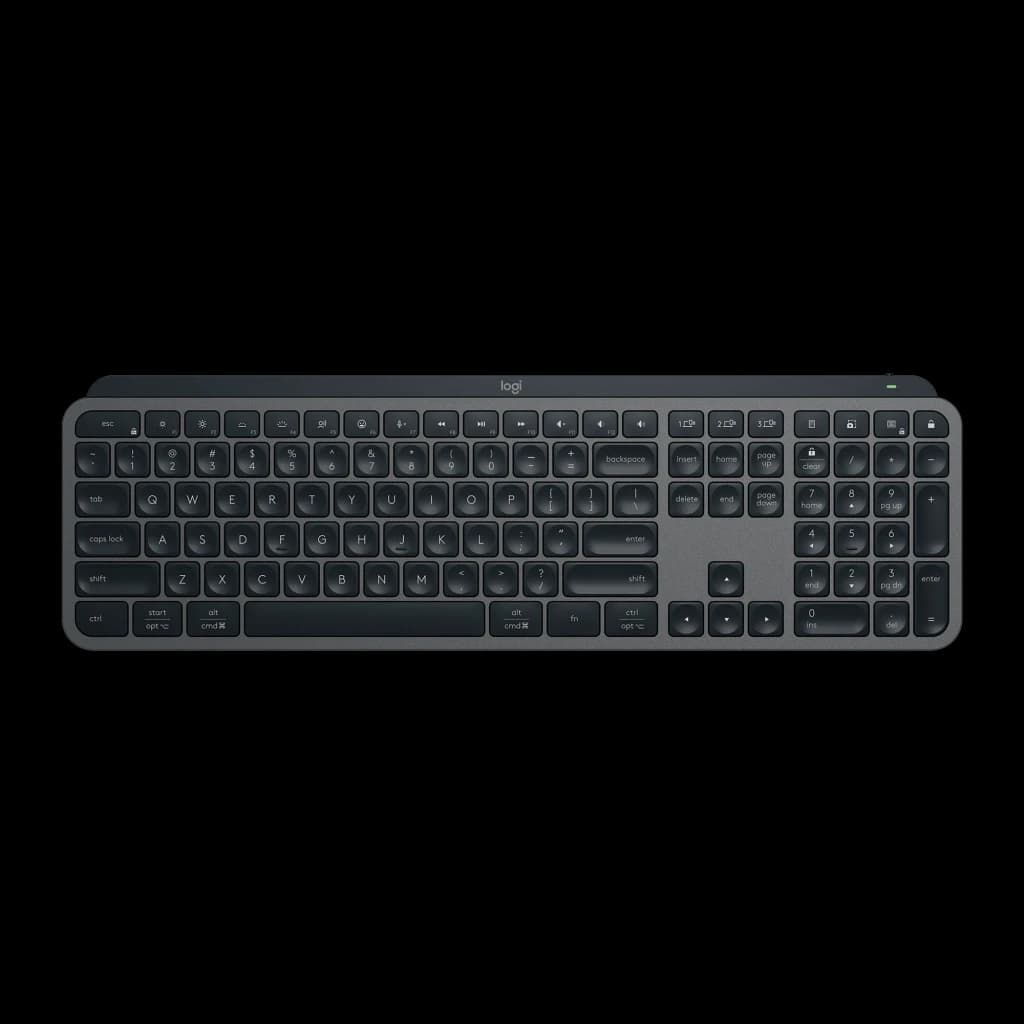 Logitech MX Keys S Inalámbrico Grafito, vista superior: disposición completa de teclas cóncavas y teclado numérico
