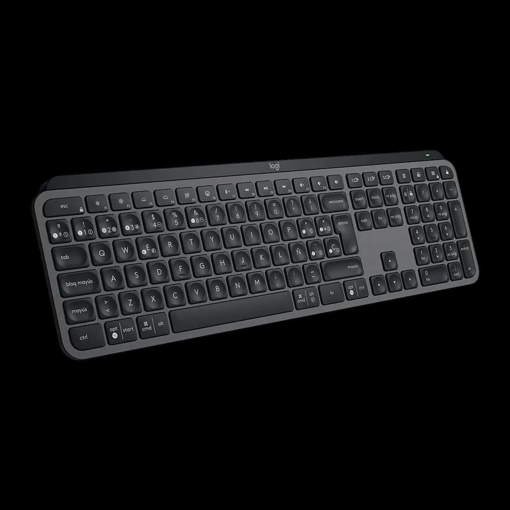 Logitech MX Keys S Inalámbrico Grafito, vista en perspectiva: ángulo frontal izquierdo con teclas en español y grosor del