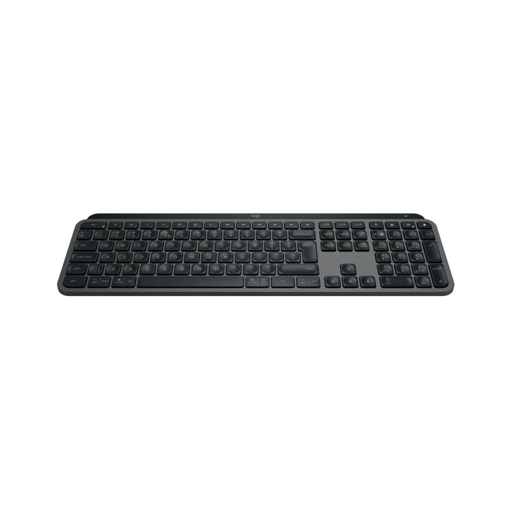 Logitech Teclado MX Keys S Inalámbrico Grafito, vista en perspectiva: disposición completa de teclas cóncavas y teclado
