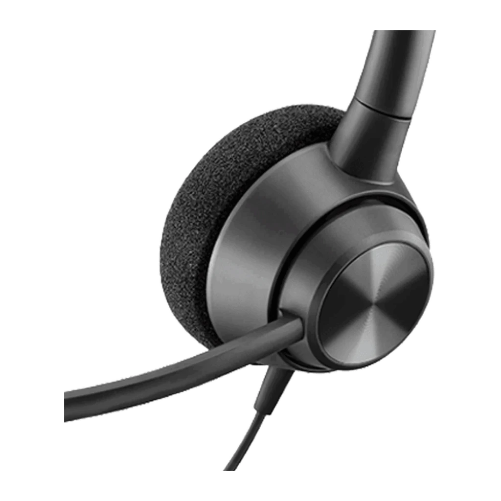 Poly EncorePro 320 Estéreo Preto, vista frontal em ângulo: arco, duas almofadas de espuma e haste de microfone flexível - Item1